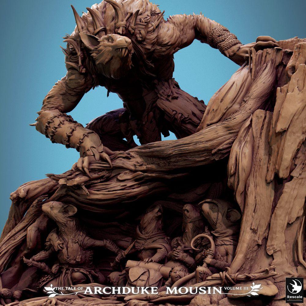 Product photo Tabletop 28mm Lord of the Print (LotP) 3: Tabletop miniature: Beastman werewolf hybrid on tree stump, forest beast and alpha predator, dungeon boss, scene base with mouse and rat creatures (25_07_R1)