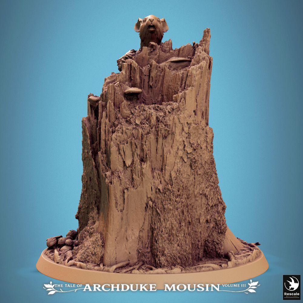 Product photo Tabletop 28mm Lord of the Print (LotP) 2: Tabletop miniature: Ratman warrior and mouse rogue on tree stump - Scout/ranger, lamellar armor, climbing rope, diorama base (25_07_Q9)