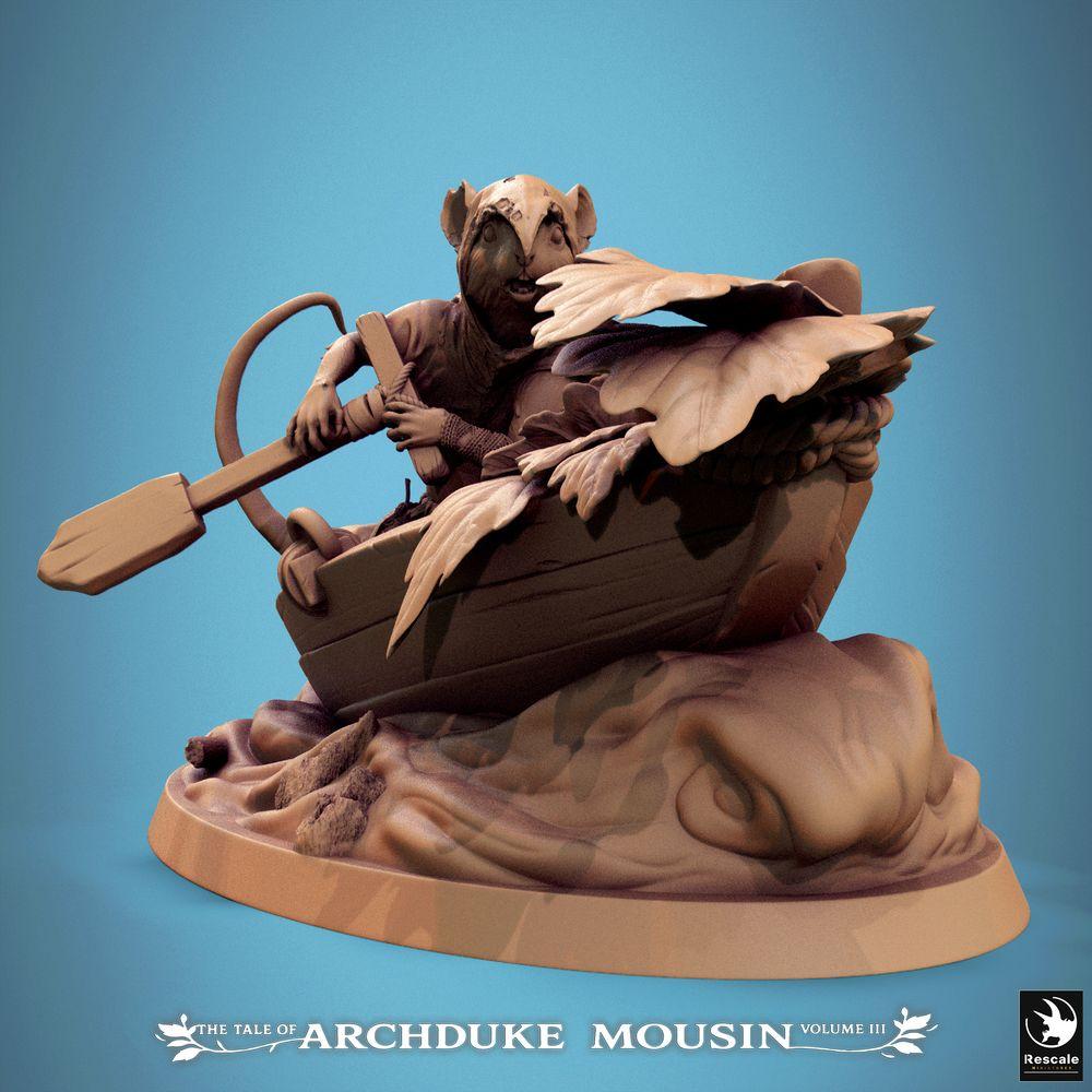 Product photo Tabletop 28mm Lord of the Print (LotP) 0: Tabletop miniature: Rodent adventurer in a rowboat - ratman/mouse as ranger, scout, river pirate, or ferryman with paddle - boat scene on diorama base (25_07_Q13)