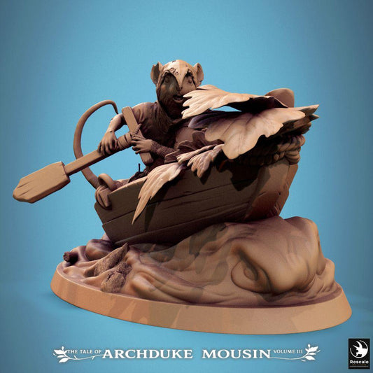 Product photo Tabletop 28mm Lord of the Print (LotP) 0: Tabletop miniature: Rodent adventurer in a rowboat - ratman/mouse as ranger, scout, river pirate, or ferryman with paddle - boat scene on diorama base (25_07_Q13)