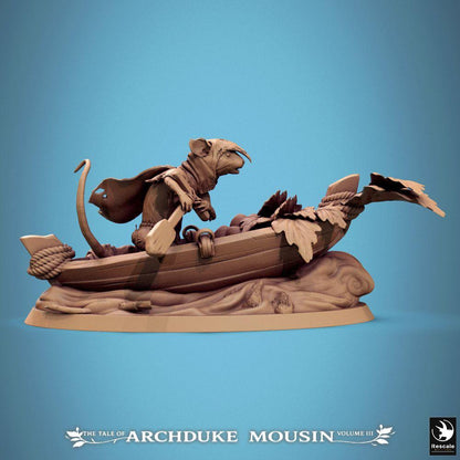 Product photo Tabletop 28mm Lord of the Print (LotP) 1: Tabletop miniature: Rodent adventurer in a rowboat - ratman/mouse as ranger, scout, river pirate, or ferryman with paddle - boat scene on diorama base (25_07_Q13)