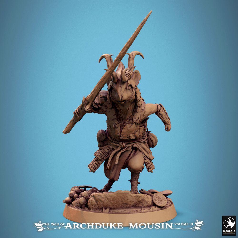 Product photo Tabletop 28mm Lord of the Print (LotP) 0: Tabletop miniature: Mouse Warrior of the Rodent Folk, Spear Fighter in Storm Attack, Leader/Scout - Mouse Charge (25_07_Q15)