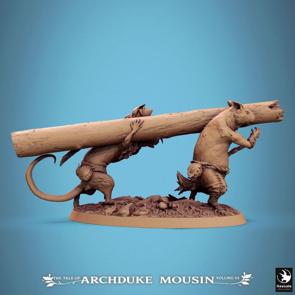 Product photo Tabletop 28mm Lord of the Print (LotP) 1: Tabletop miniature: Ratmen Carrier Duo - Rodent Pioneer Squad with explosive or ram load, siege weapon, wargame unit and skirmish proxies (25_07_Q11)