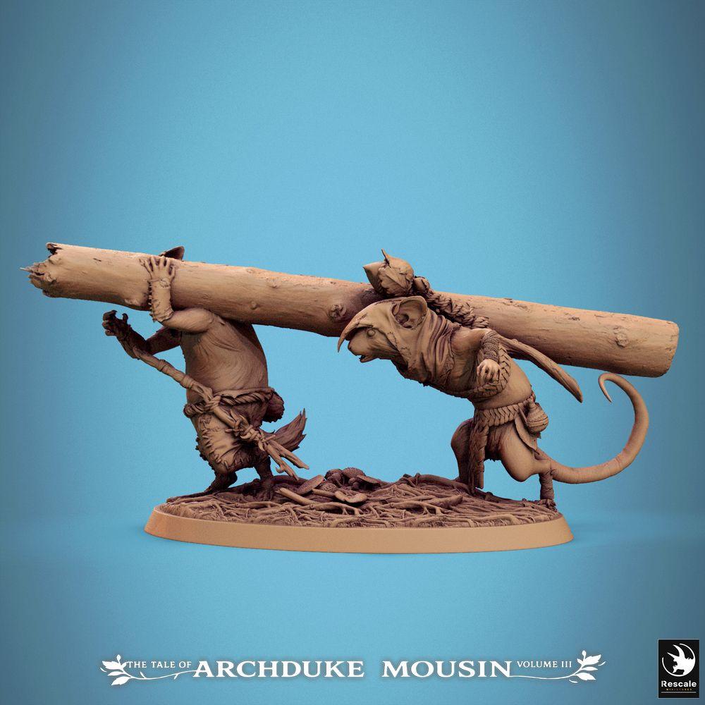 Product photo Tabletop 28mm Lord of the Print (LotP) 2: Tabletop miniature: Ratmen Carrier Duo - Rodent Pioneer Squad with explosive or ram load, siege weapon, wargame unit and skirmish proxies (25_07_Q11)