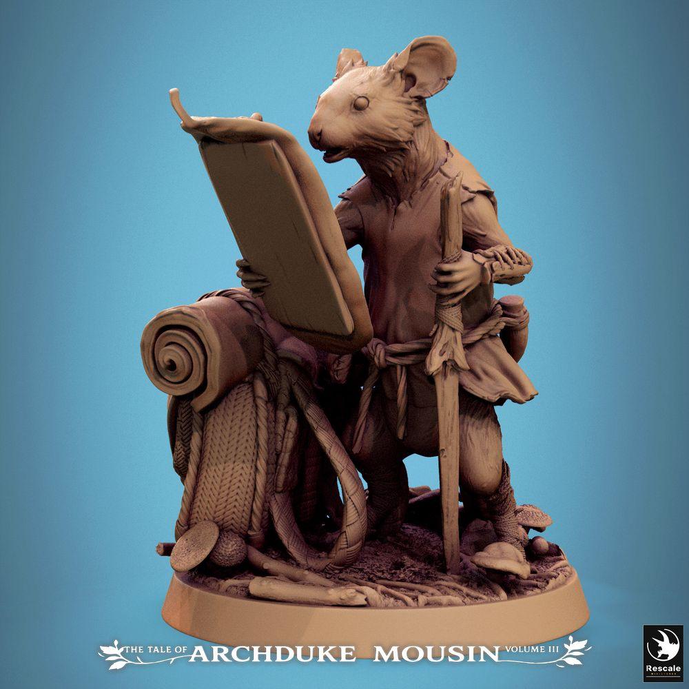 Product photo Tabletop 28mm Lord of the Print (LotP) 0: Tabletop miniature: Mousefolk Scout/Cartographer with map and walking staff - Ranger adventurer, traveling monk/pilgrim, NPC for dungeon, wargame, diorama (25_07_Q19)