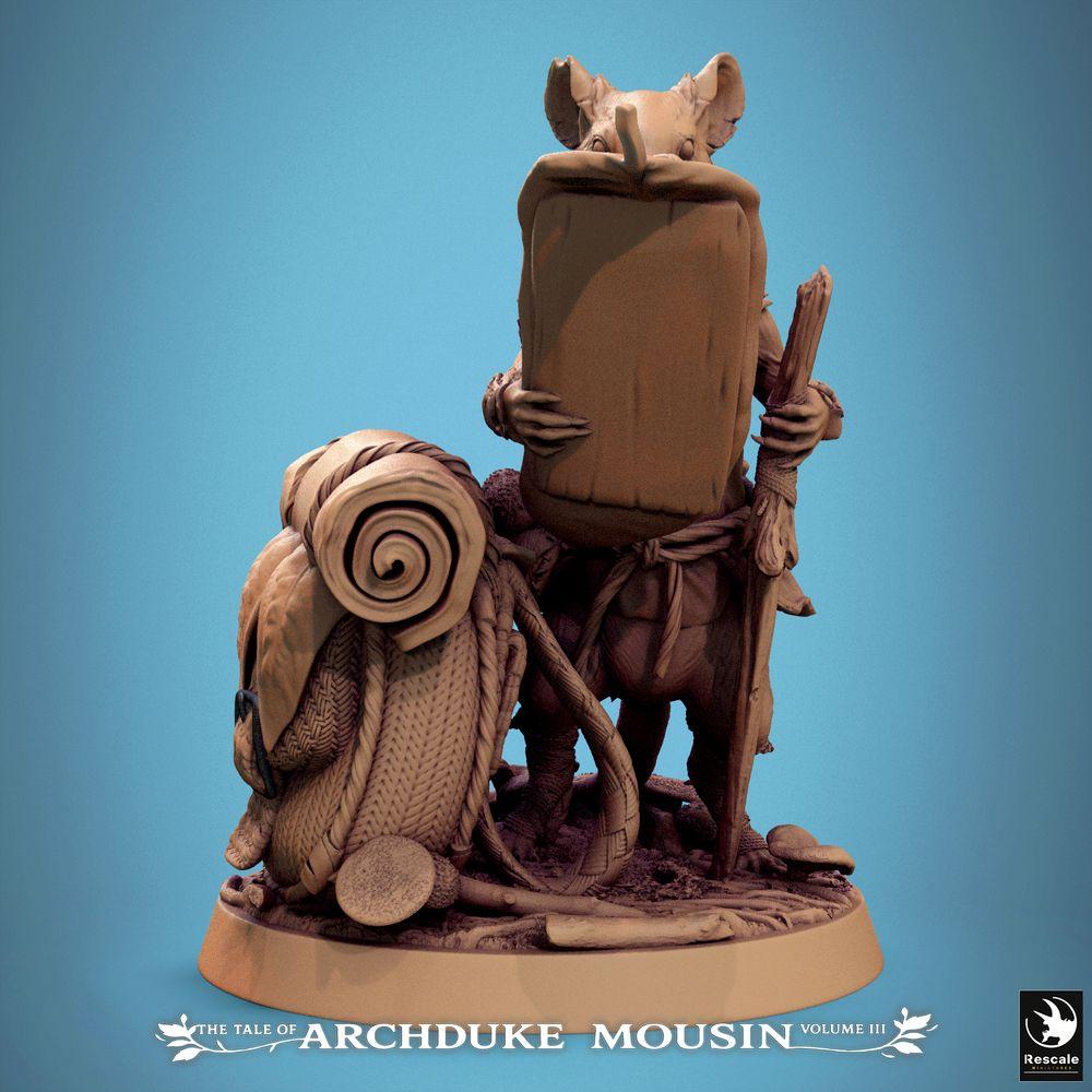 Product photo Tabletop 28mm Lord of the Print (LotP) 1: Tabletop miniature: Mousefolk Scout/Cartographer with map and walking staff - Ranger adventurer, traveling monk/pilgrim, NPC for dungeon, wargame, diorama (25_07_Q19)