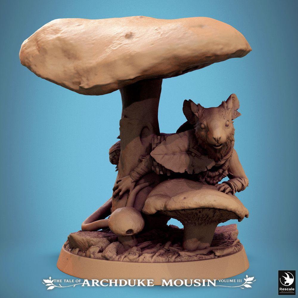 Product photo Tabletop 28mm Lord of the Print (LotP) 0: Fantasy figure: Anthropomorphic Mouse - Ranger, Rogue, Scout in Mushroom Forest under Mushroom Cap, Leaf Cloak, Scenic Base (25_07_Q21)