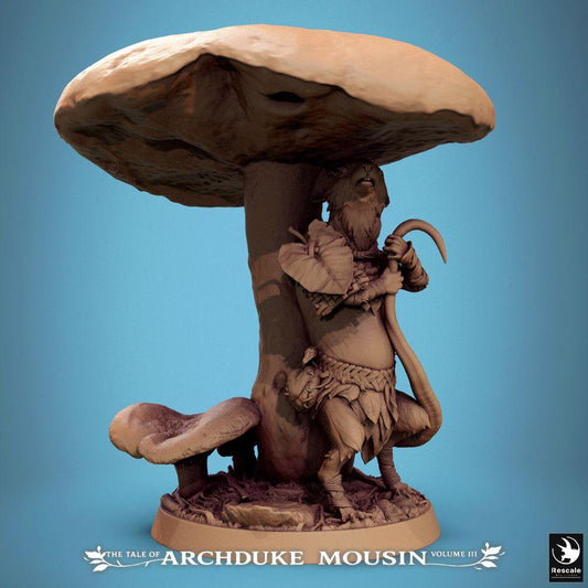Product photo Tabletop 28mm Lord of the Print (LotP) 0: Tabletop miniature: Mousefolk Forest Druid Mushroom Shaman with Staff, Forest Guardian Ranger on Mushroom Stump - Fantasy Wargaming, Skirmish, Dungeon, Diorama Base (25_07_Q23)