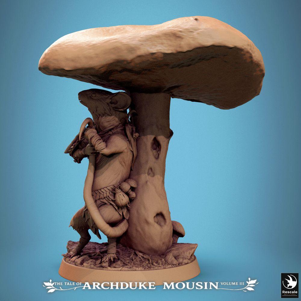Product photo Tabletop 28mm Lord of the Print (LotP) 1: Tabletop miniature: Mousefolk Forest Druid Mushroom Shaman with Staff, Forest Guardian Ranger on Mushroom Stump - Fantasy Wargaming, Skirmish, Dungeon, Diorama Base (25_07_Q23)
