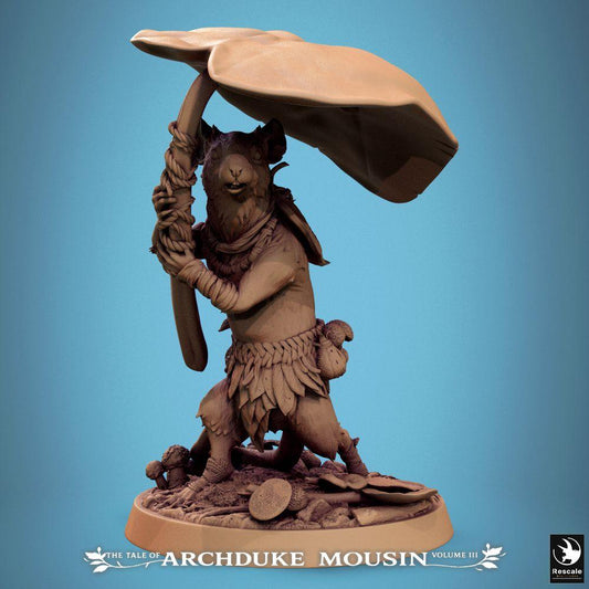 Product photo Tabletop 28mm Lord of the Print (LotP) 0: Tabletop miniature: Animalfolk Mouse Warrior of the Woodland Folk, Ranger and Mushroom Warrior with Mushroom Hat Shield and Mushroom Stem Club (25_07_Q25)