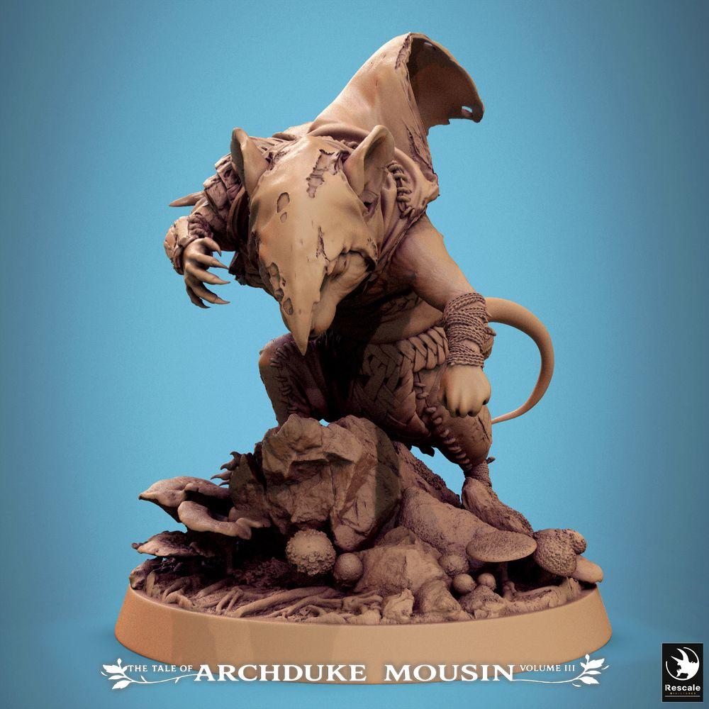 Product photo Tabletop 28mm Lord of the Print (LotP) 0: Tabletop miniature: Ratman Assassin / Ratfolk Sneak, crouching and ready to leap with hood and cloak - tunnel scout, shadow runner on scenic rock base (25_07_Q27)