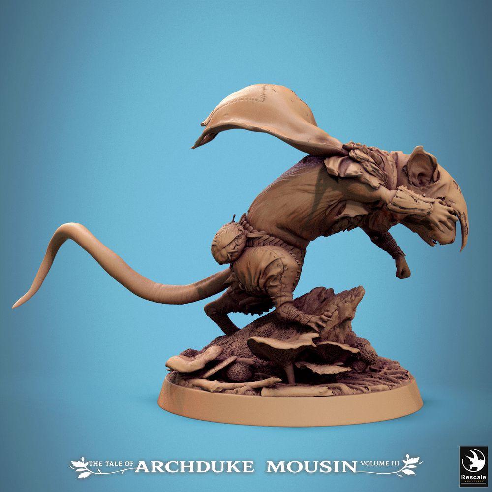 Product photo Tabletop 28mm Lord of the Print (LotP) 1: Tabletop miniature: Ratman Assassin / Ratfolk Assassin, crouching and ready to leap with hood and cloak - tunnel scout, shadow runner on scenic rock base (25_07_Q27)