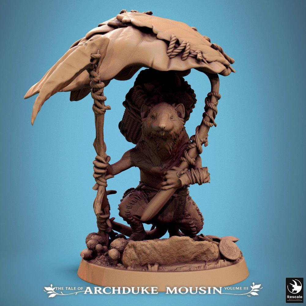 Product photo Tabletop 28mm Lord of the Print (LotP) 0: Tabletop miniature: Mousefolk ranger/scout under mushroom canopy, adventurer with short blade, trapper & herbalist, with forest floor scenic base (25_07_Q3)