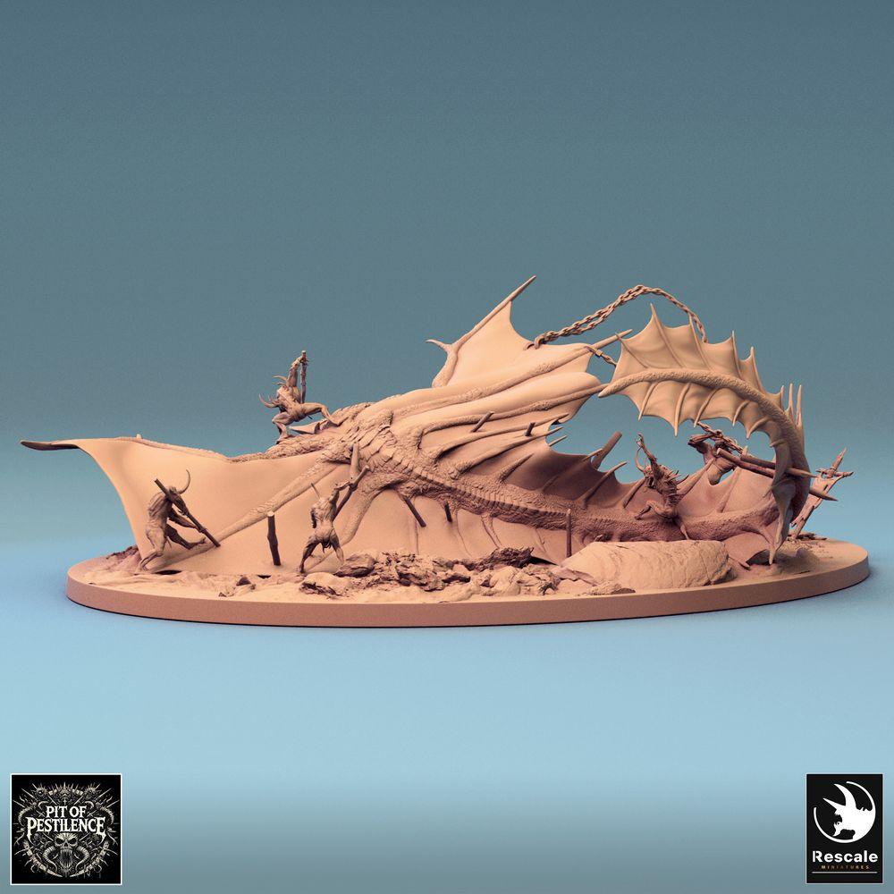 Product photo Tabletop 28mm Lord of the Print (LotP) 0: Tabletop miniature: Legendary metallic brass dragon/wyvern - Battle diorama with dragon hunters, spear bearers, chain fighters, and harpoon trap (24_08_G)