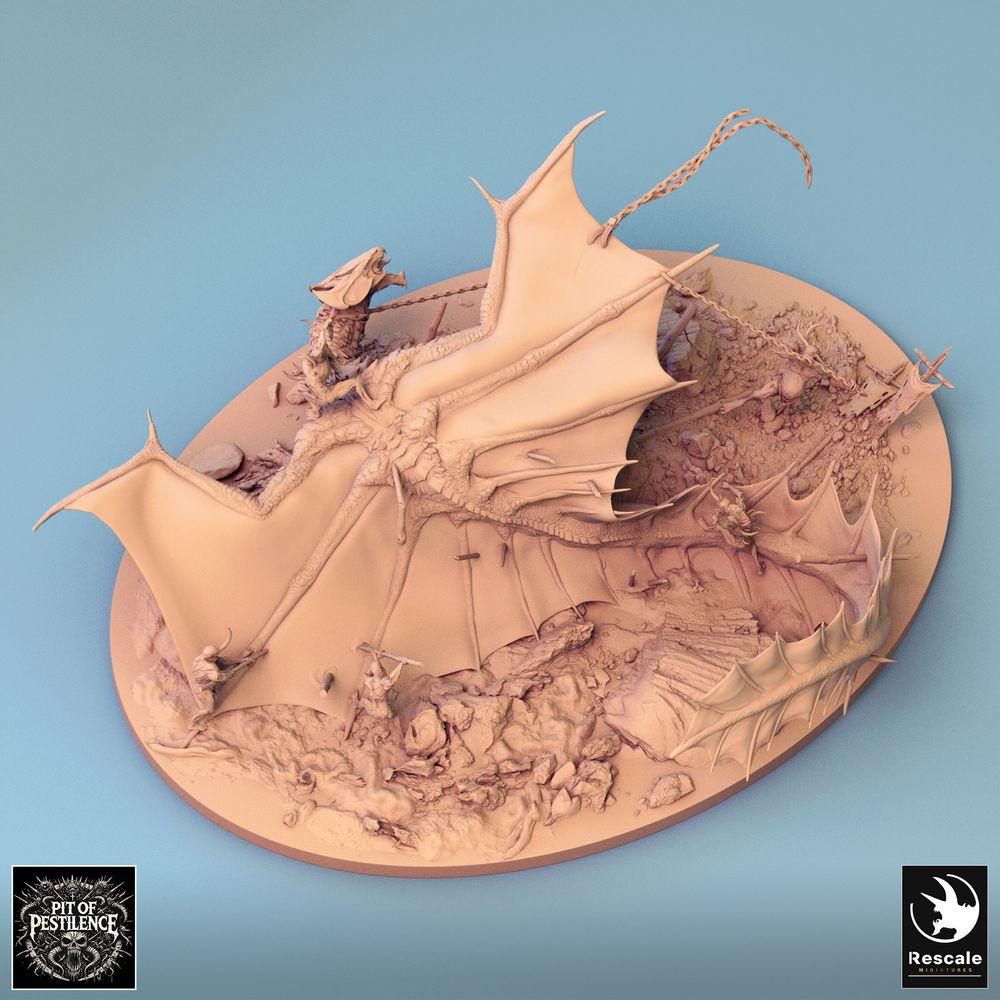 Product photo Tabletop 28mm Lord of the Print (LotP) 0: Tabletop miniature: Legendary metallic brass dragon/Wyvern - Battle diorama with dragon hunters, spear bearers, chain fighters, and harpoon trap (24_08_G)