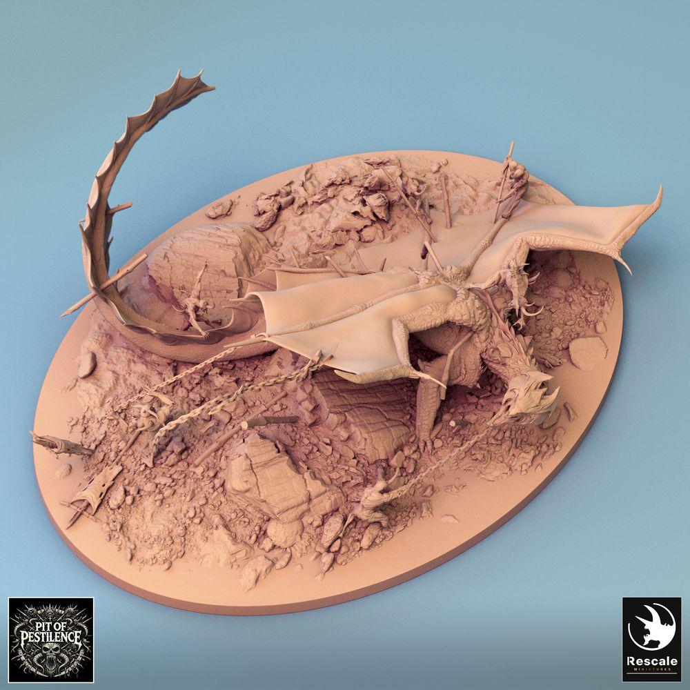 Product photo Tabletop 28mm Lord of the Print (LotP) 0: Tabletop miniature: Legendary metallic brass dragon/wyvern - Battle diorama with dragon hunters, spear carriers, chain fighters, and harpoon trap (24_08_G)