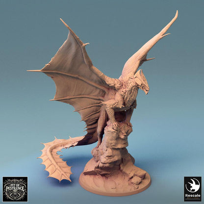 Product photo Tabletop 28mm Lord of the Print (LotP) 0: Tabletop miniature: Brass Dragon, large dragon on rock with outstretched wings - boss monster, flying creature, dragon beast, diorama base (24_08_A2)