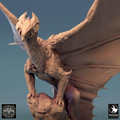Product photo Tabletop 28mm Lord of the Print (LotP) 0: Tabletop miniature: Brass Dragon, large dragon on rock with outstretched wings - boss monster, flying creature, dragon beast, diorama base (24_08_A2)