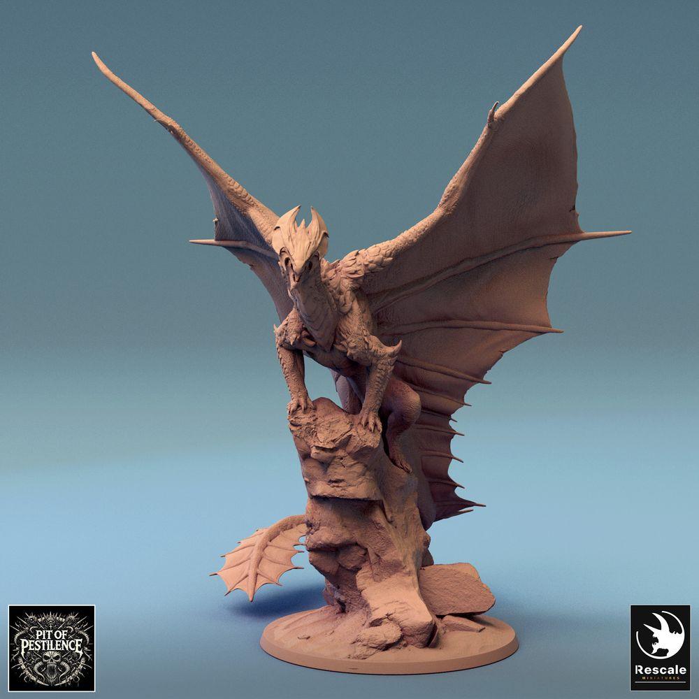 Product photo Tabletop 28mm Lord of the Print (LotP) 0: Fantasy figure: Legendary dragon on rock diorama, winged dragon beast in jumping pose, wyvern-like boss monster (24_08_J)