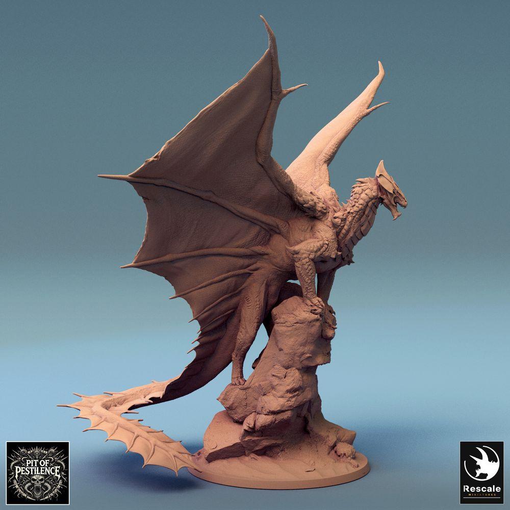 Product photo Tabletop 28mm Lord of the Print (LotP) 1: Fantasy figure: Legendary dragon on rock diorama, winged dragon beast in jumping pose, wyvern-like boss monster (24_08_J)
