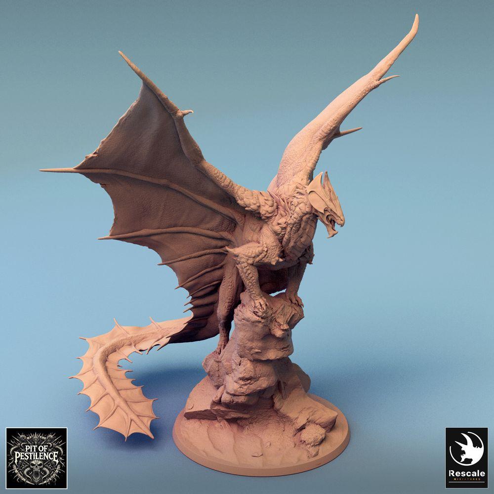 Product photo Tabletop 28mm Lord of the Print (LotP) 2: Fantasy figure: Legendary Dragon on rock diorama, winged dragon beast in jumping pose, wyvern-like boss monster (24_08_J)