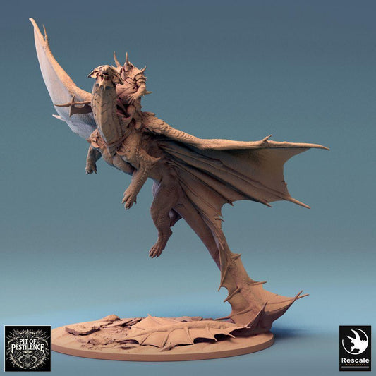 Product photo Tabletop 28mm Lord of the Print (LotP) 0: Fantasy miniature: Dragon Rider on Wyvern - Brass Dragon in flight, Chaos Knight Boss/Hero, Air Cavalry for Wargame/Skirmish (24_08_A3)