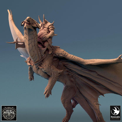 Product photo Tabletop 28mm Lord of the Print (LotP) 0: Fantasy miniature: Dragon Rider on Wyvern - Brass Dragon in flight, Chaos Knight Boss/Hero, Air Cavalry for Wargame/Skirmish (24_08_A3)