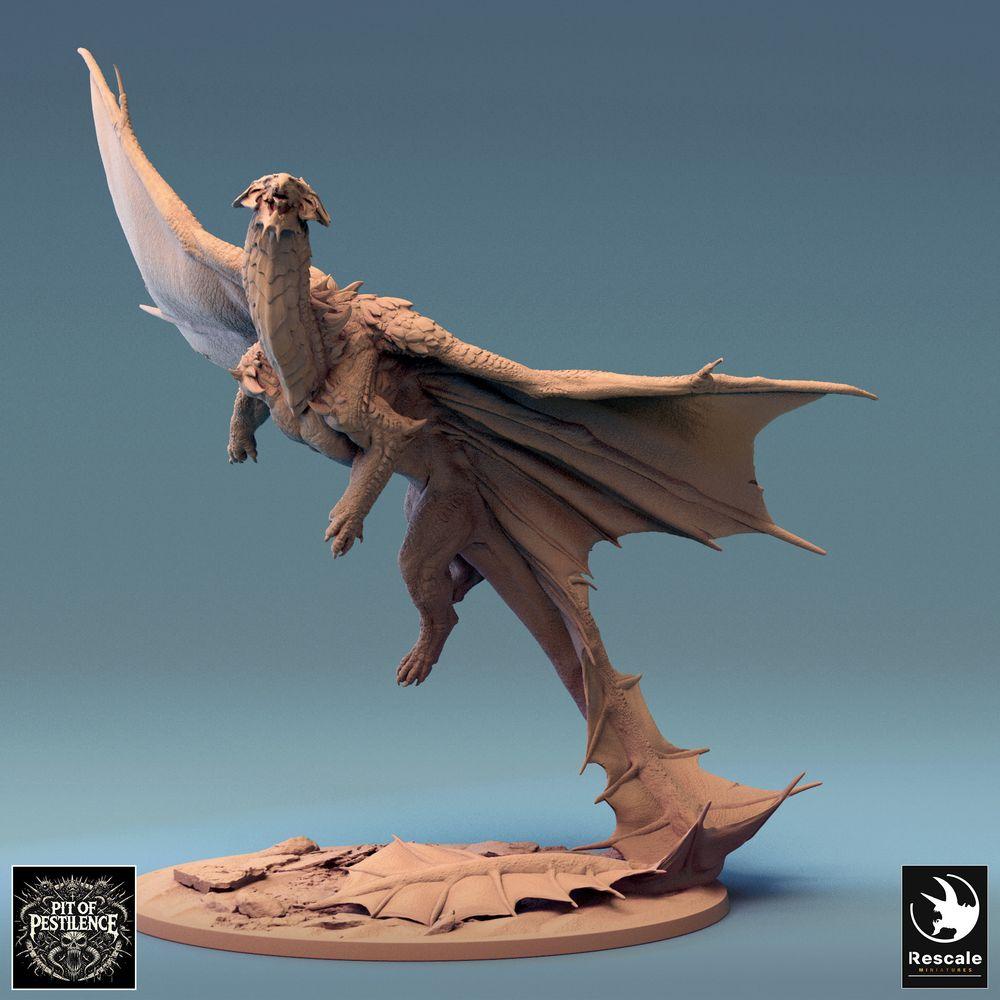 Product photo Tabletop 28mm Lord of the Print (LotP) 0: Tabletop miniature: Legendary Brass Dragon, large dragon in flight, flying dragon, dragon model, role-playing miniature, boss monster (24_08_I)