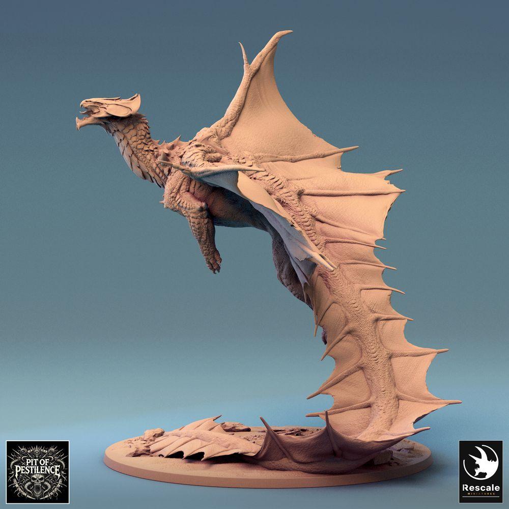 Product photo Tabletop 28mm Lord of the Print (LotP) 0: Tabletop miniature: Legendary Brass Dragon, large dragon in flight, flying dragon, dragon model, role-playing miniature, boss monster (24_08_I)