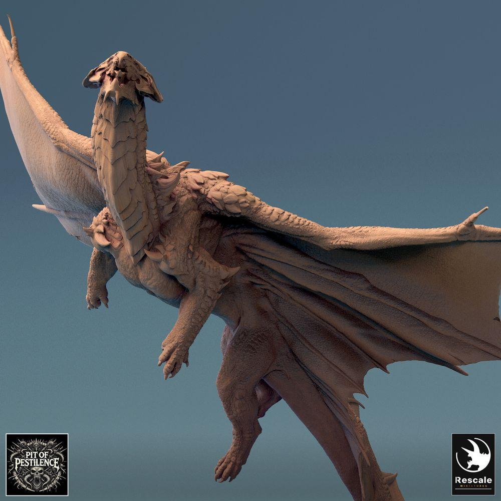 Product photo Tabletop 28mm Lord of the Print (LotP) 0: Tabletop miniature: Legendary Brass Dragon, large dragon in flight, flying dragon, dragon model, role-playing miniature, boss monster (24_08_I)