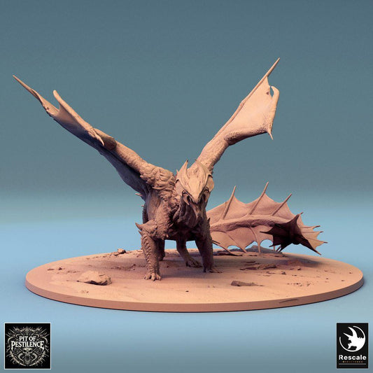 Product photo Tabletop 28mm Lord of the Print (LotP) 0: Tabletop miniature: Large Wyvern Dragon, crouched combat pose with outstretched wings, boss monster dragon figure (24_08_A4)