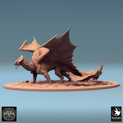 Product photo Tabletop 28mm Lord of the Print (LotP) 1: Tabletop miniature: Legendary dragon in a crouched combat stance, wings fully spread - Wyvern/Wyrm boss monster, dragon miniature for wargaming & diorama (24_08_H)