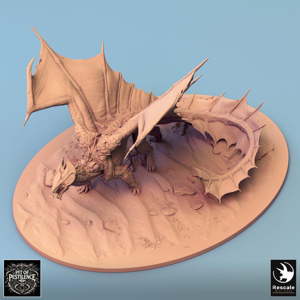 Product photo Tabletop 28mm Lord of the Print (LotP) 2: Tabletop miniature: Legendary dragon in a crouched combat stance, wings fully spread - Wyvern/Worm boss monster, dragon miniature for wargaming & diorama (24_08_H)