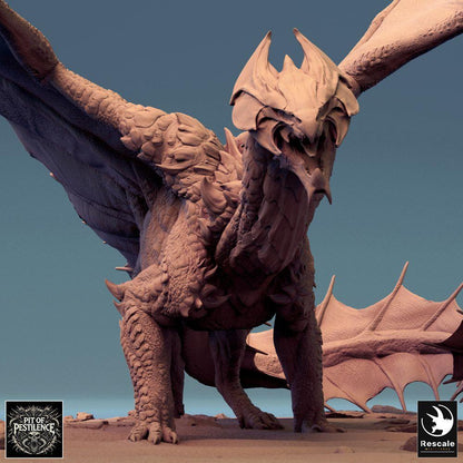 Product photo Tabletop 28mm Lord of the Print (LotP) 3: Tabletop miniature: Legendary dragon in crouched combat stance, wings fully spread - Wyvern/Lindworm boss monster, dragon miniature for wargaming & diorama (24_08_H)