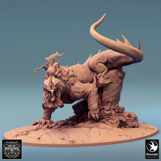 Product photo Tabletop 28mm Lord of the Print (LotP) 0: Tabletop miniature: Beast Rider on Lizard Beast - Barbarian Champion with Halberd, Demonic Mount, Boss Monster, Scenic Base (24_08_C1)