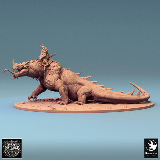 Product photo Tabletop 28mm Lord of the Print (LotP) 0: Tabletop miniature: Barbarian rider on swamp beast - reptilian monster war dinosaur, warbeast with spear, chain and saddle armor (24_08_C2)