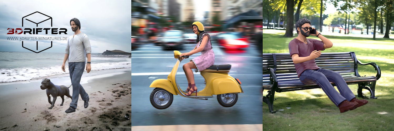 Image banner online shop 3D printed resin miniatures: three figures in collage. Man with dog, woman on Vespa, and man on park bench.
