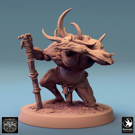 Product photo Tabletop 28mm Lord of the Print (LotP) 0: Tabletop miniature: Demonic Beast / Plaguebringer - Mutant Ogre with Club, Horns, and Claws, Roaring Boss Enemy, Tunnel Troll (24_08_F3)