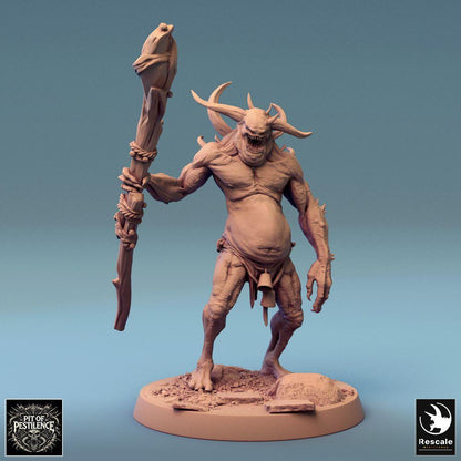 Product photo Tabletop 28mm Lord of the Print (LotP) 0: Tabletop miniature: Demonic Chaos Beast with Totem Staff/Club, Ogre/Troll Warrior, Beastlord Boss Monster (24_08_F4)
