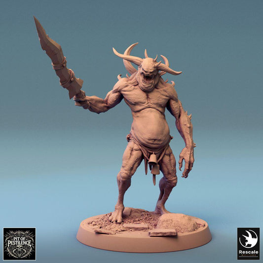 Product photo Tabletop 28mm Lord of the Print (LotP) 0: Tabletop miniature: Demon Spawn / Plague Abomination - one-eyed horned demon with jagged greatsword, boss monster melee (24_08_F5)