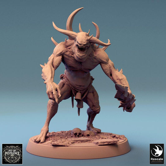 Product photo Tabletop 28mm Lord of the Print (LotP) 0: Tabletop miniature: Demon Lord Hellspawn - Chaos Beast/Corruption Ogre, nightmarish boss demon with horns, claws, and bone plates, skull base (24_08_F7)