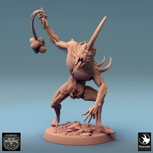 Product photo Tabletop 28mm Lord of the Print (LotP) 0: Tabletop miniature: Demon Beast / Chaos Spawn, Whip with multi-headed Flail, Horn Spike and Rending Claws - Boss Monster (24_08_F8)