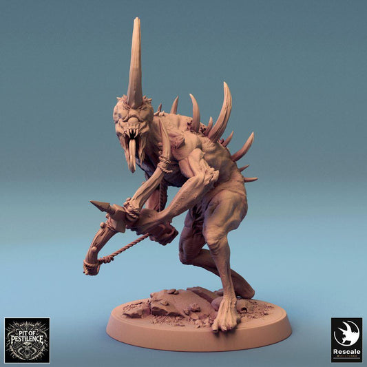 Product photo Tabletop 28mm Lord of the Print (LotP) 0: Fantasy Figure: Demonic Hell Beast / Abomination with Chain Weapon - Spike Monster with Ram Horn, Dynamic Pose, Melee Boss Monster, Tabletop Miniature for Skirmish and Wargaming (24_08_F10)