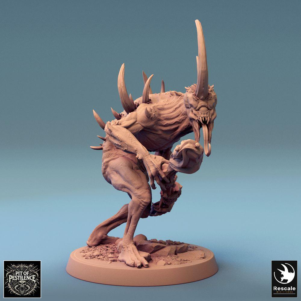 Product photo Tabletop 28mm Lord of the Print (LotP) 1: Tabletop miniature: Spiked Demon, horned beast monster with bone club in charge (24_08_F11)