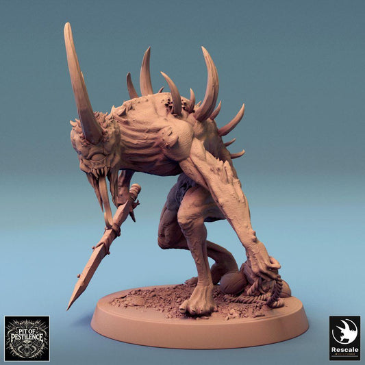 Product photo Tabletop 28mm Lord of the Print (LotP) 0: Tabletop miniature: Putrid demon servant with sword, hell beast, spiked beast, lurking beast warrior with trophy (24_08_F13)