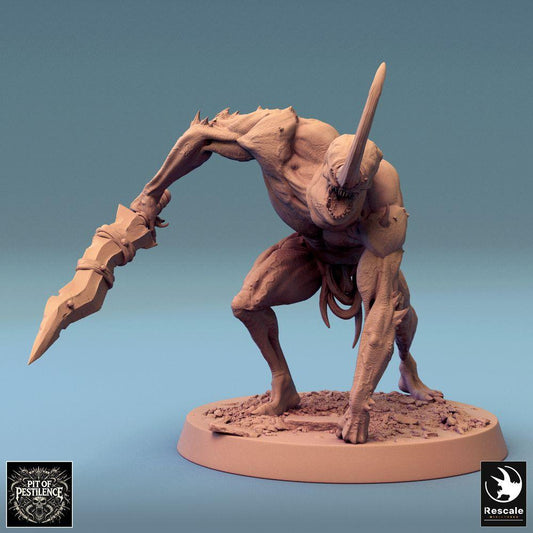 Product photo Tabletop 28mm Lord of the Print (LotP) 0: Tabletop miniature: Demon Warrior, Horn Demon, Abomination, Abyss Horror - Blade Beast with serrated blade, roaring in attack (24_08_F15)
