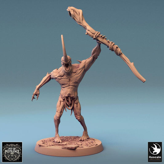 Product photo Tabletop 28mm Lord of the Print (LotP) 0: Fantasy Figure: Demon Spawn / Chaos Beast, Abomination, Berserker with Bone Club in Overhead Strike Pose, Boss Monster for Skirmish, Wargame, and Dungeon Crawl (24_08_F18)