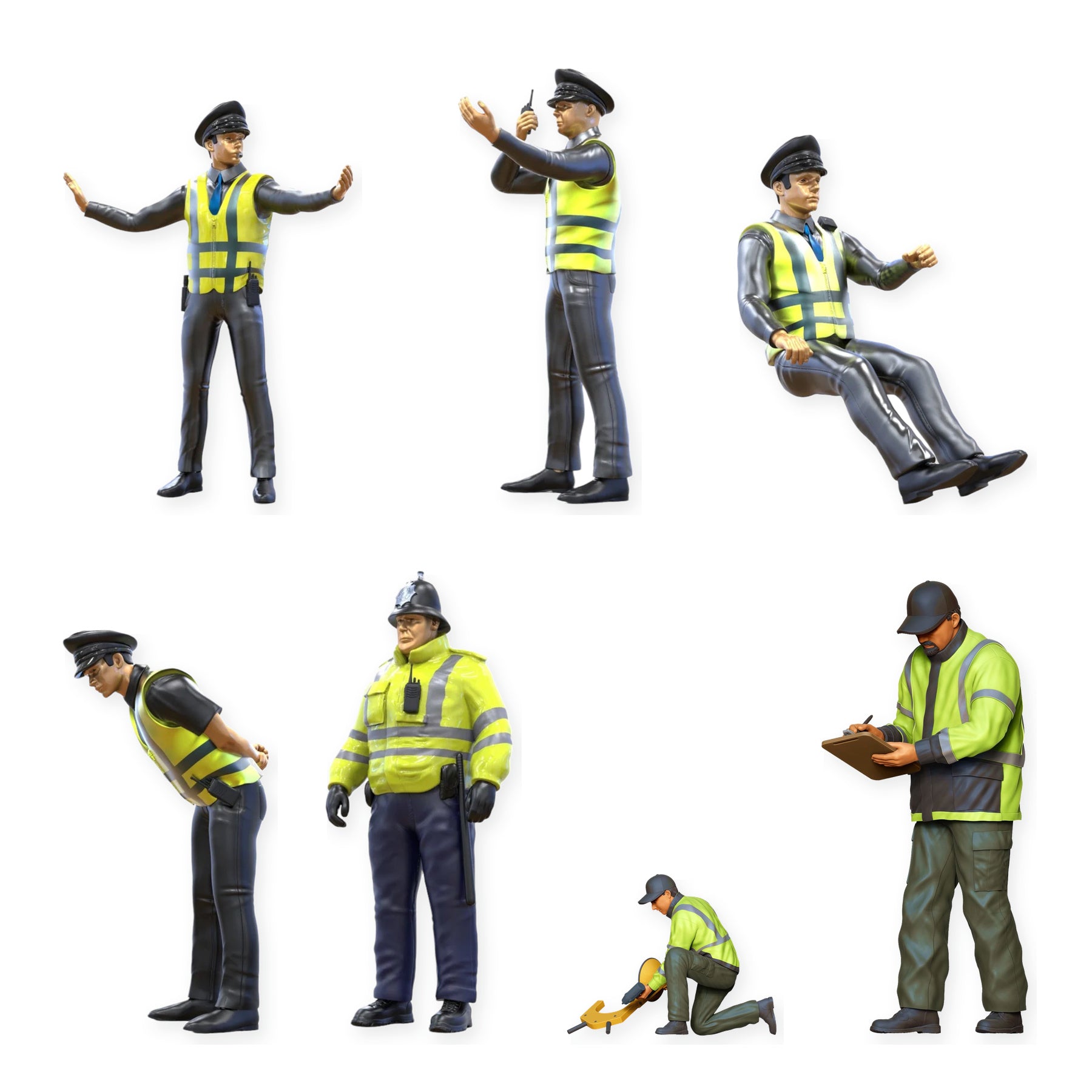 Diorama Figuren-Set: Verkehrspolizei und Straßenkontrolle (Nr. S96) – STL-geprüfte Übersicht aller enthaltenen unbemalten Resinfiguren
