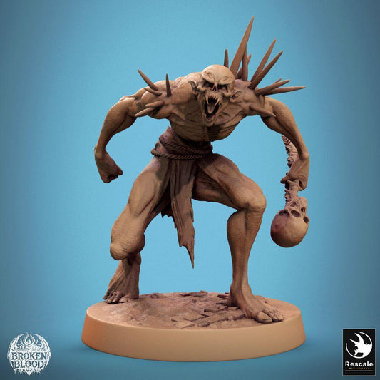 Product photo Tabletop 28mm Lord of the Print (LotP) 0: Tabletop miniature: Wild Ghoul Berserker, Spine Clubbed Ghoul with Skull, roaring undead boss enemy (24_11_B3)