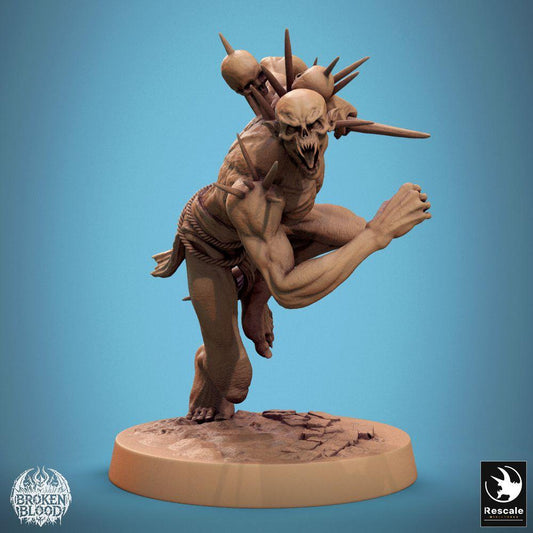 Product photo Tabletop 28mm Lord of the Print (LotP) 0: Fantasy Figure: Wild Ghoul Hellspawn - charging demon berserker, melee butcher with claws, bone spikes, and trophies (24_11_B5)